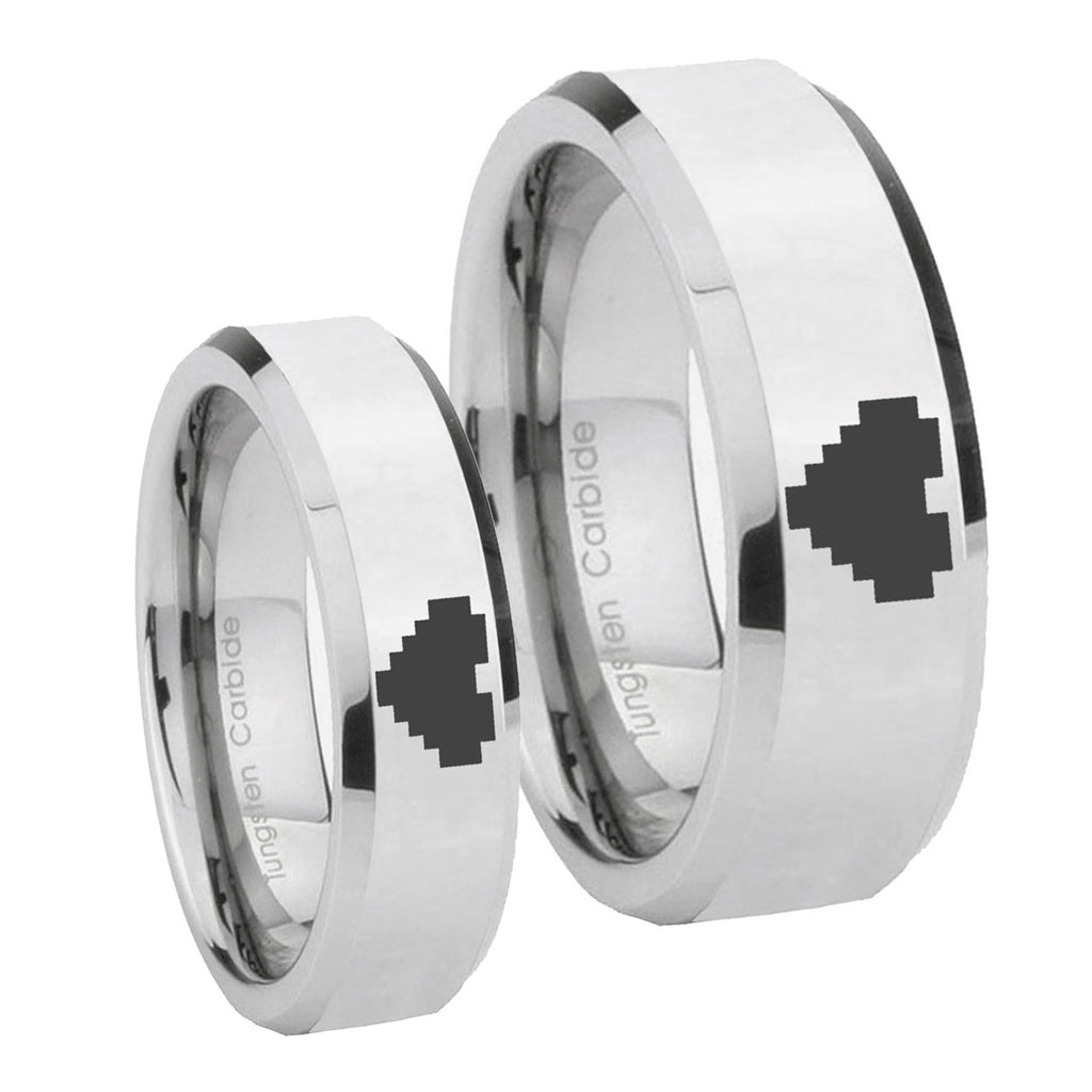 Mirror Beveled Zelda Heart Silver Tungsten Wedding Ring Sets