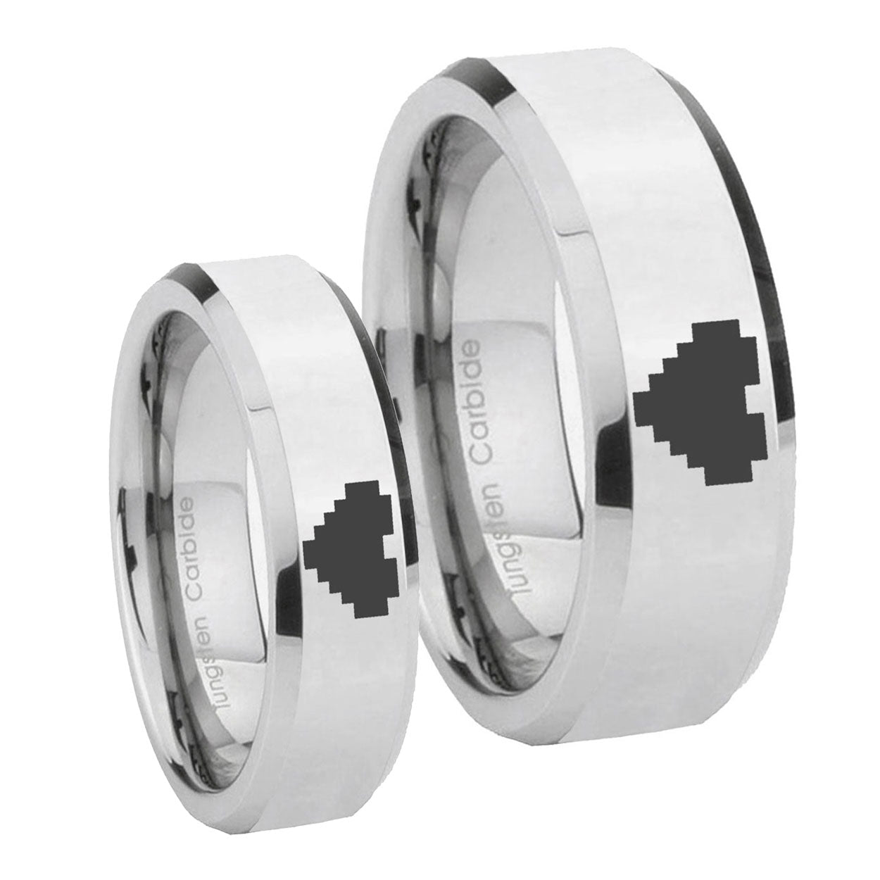 Mirror Beveled Zelda Heart Silver Tungsten Wedding Ring Sets