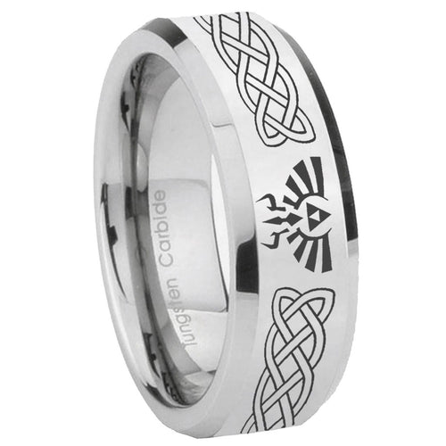 10mm Celtic Zelda Beveled Edges Silver Tungsten Carbide Personalized Ring