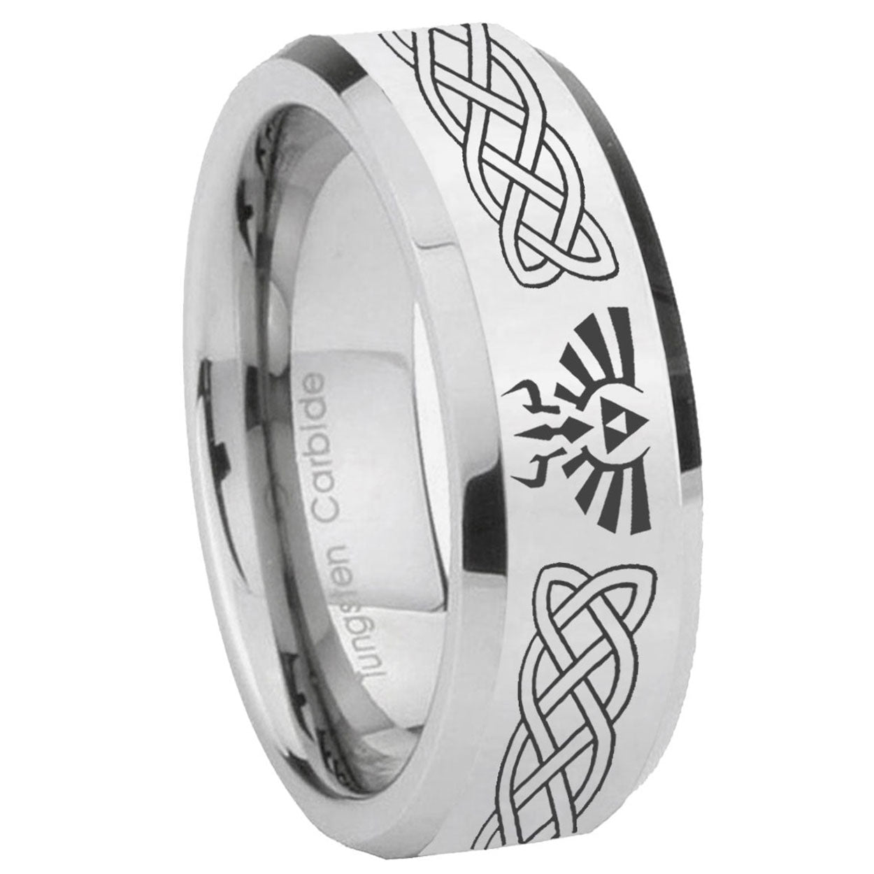 8MM Celtic Zelda Bevel Polish Silver Tungsten Rings For Men