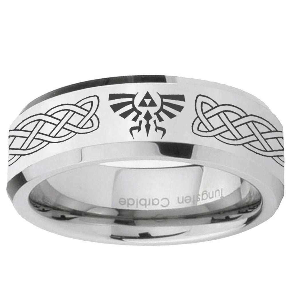 10mm Celtic Zelda Beveled Edge Silver Tungsten Ring