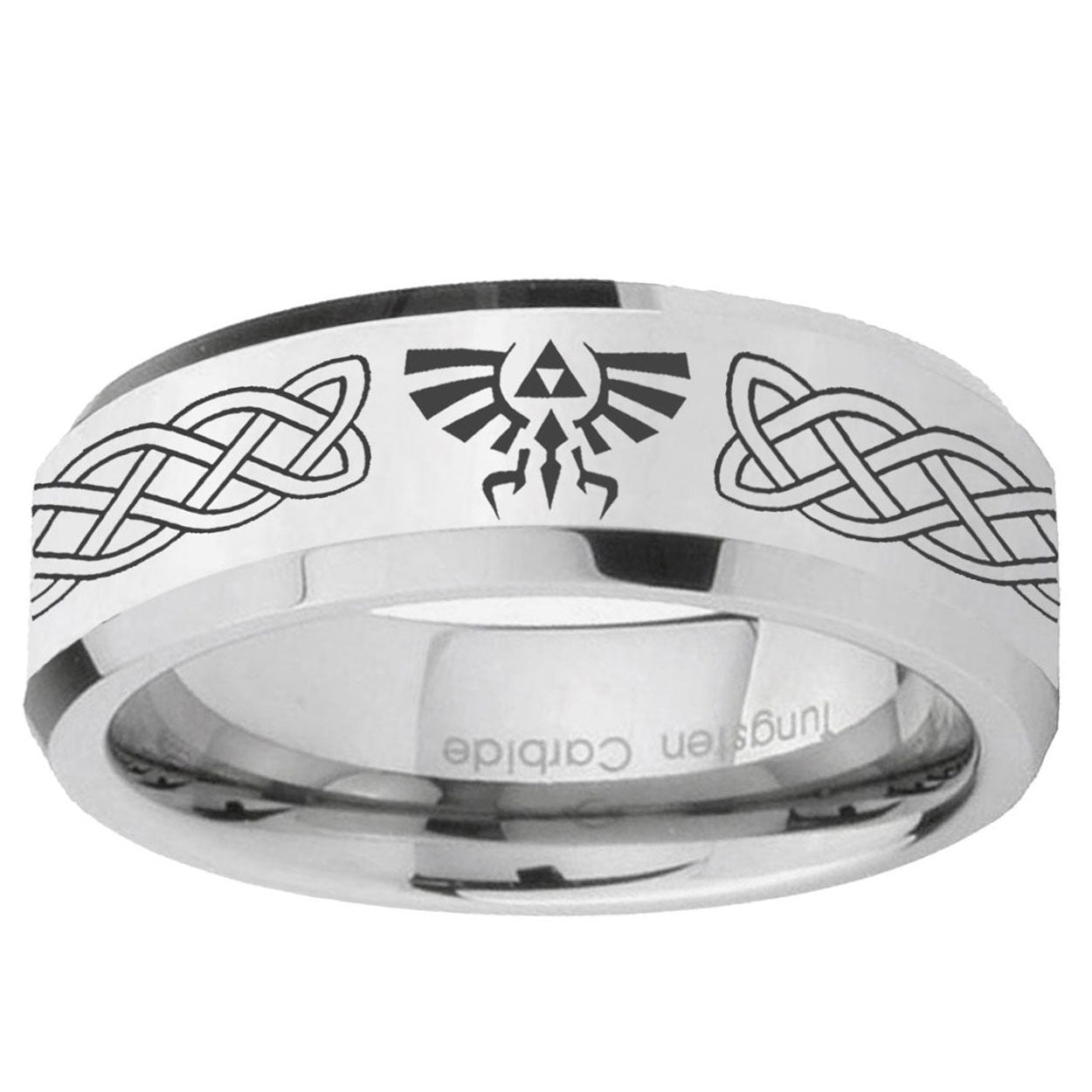 10mm Celtic Zelda Beveled Edge Silver Tungsten Ring
