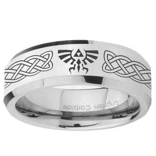 10mm Celtic Zelda Beveled Edge Silver Tungsten Ring