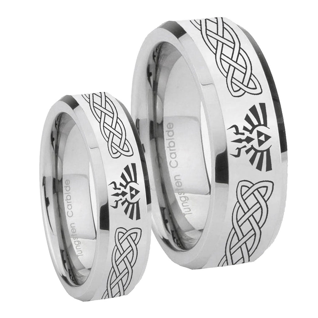 Celtic Zelda Beveled Edges Silver Tungsten Wedding Band Set