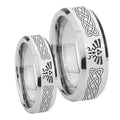Celtic Zelda Beveled Edges Silver Tungsten Wedding Band Set