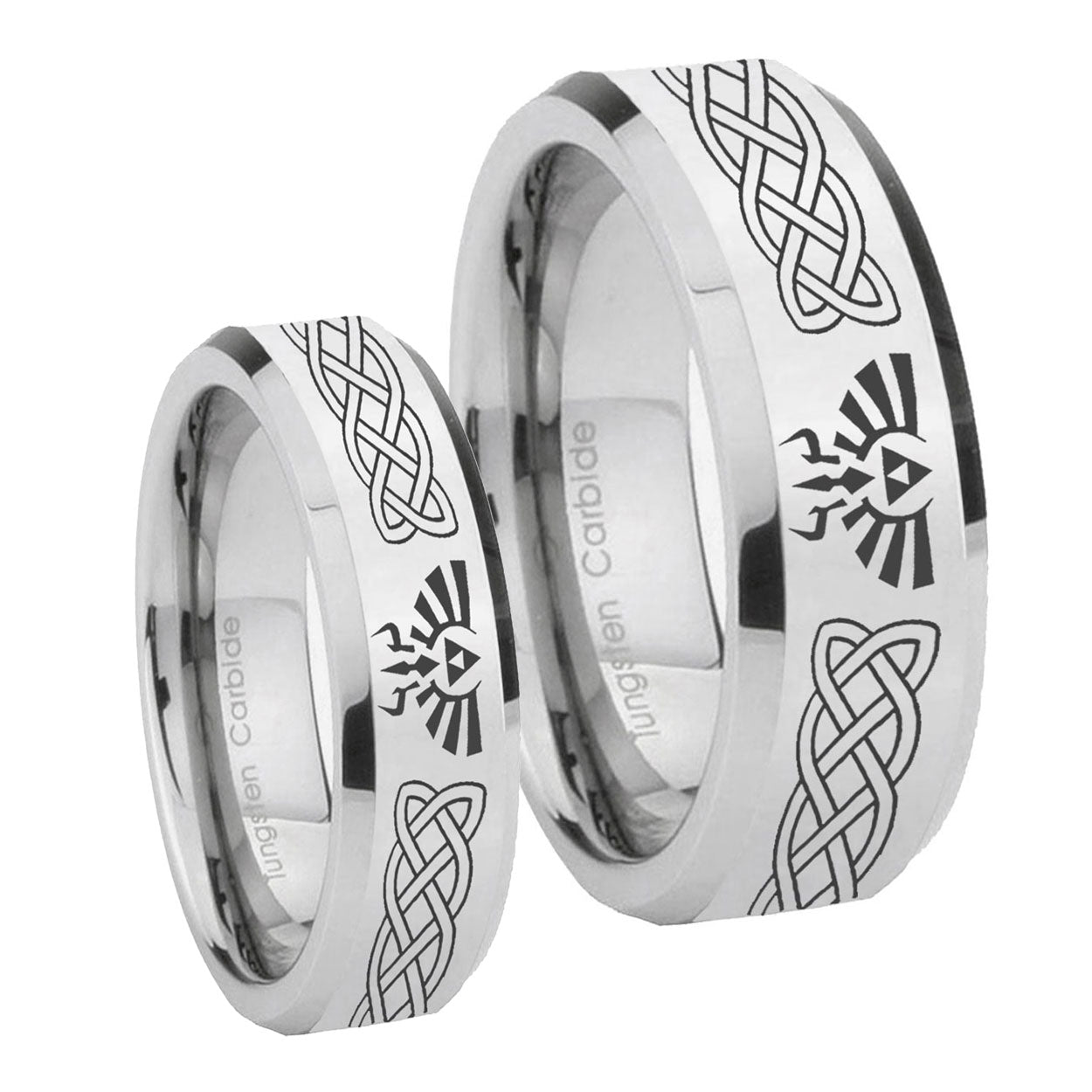 Celtic Zelda Beveled Edges Silver Tungsten Wedding Band Set
