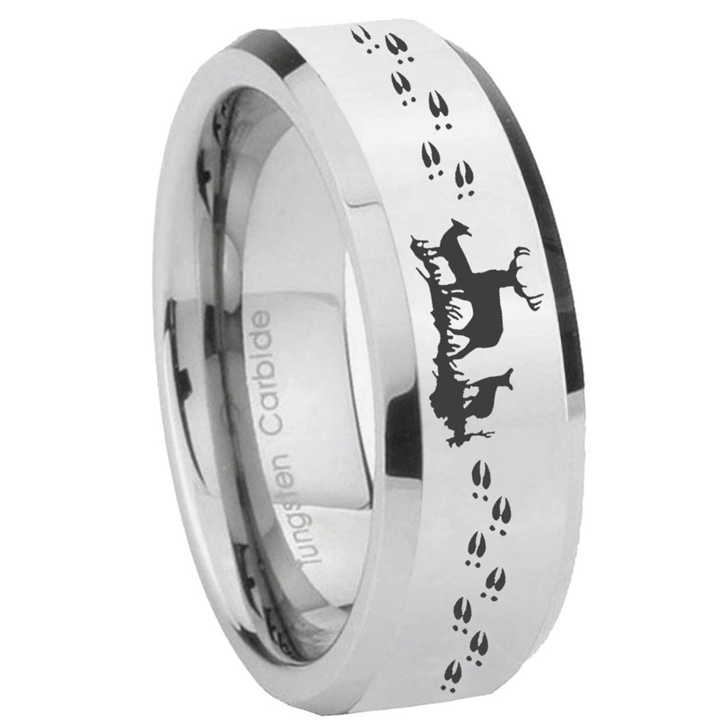 10mm Deer Hunting Beveled Edges Silver Tungsten Carbide Mens Ring Engraved