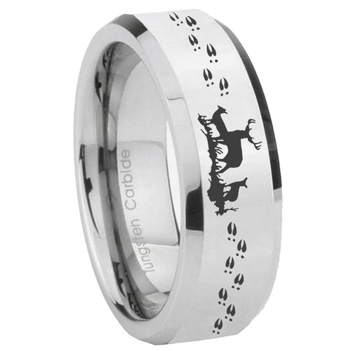 10mm Deer Hunting Beveled Edges Silver Tungsten Carbide Mens Ring Engraved
