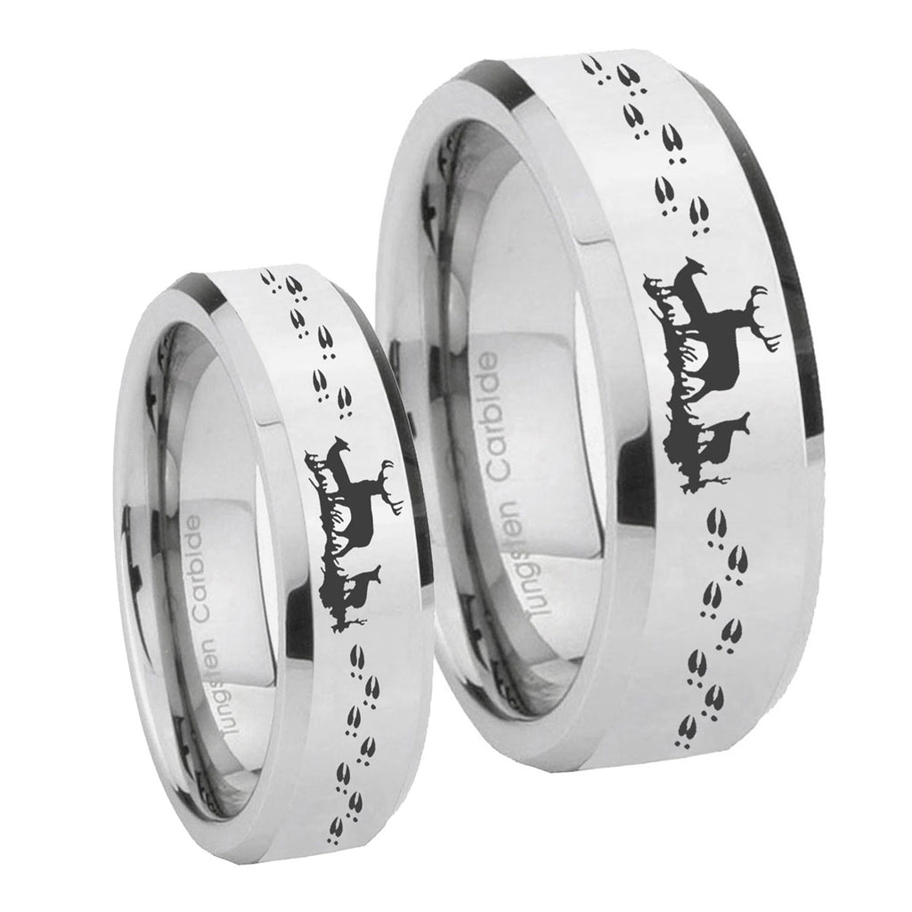 Deer Hunting Beveled Edges Silver Tungsten Wedding Set Rings