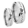 Deer Hunting Beveled Edges Silver Tungsten Wedding Set Rings