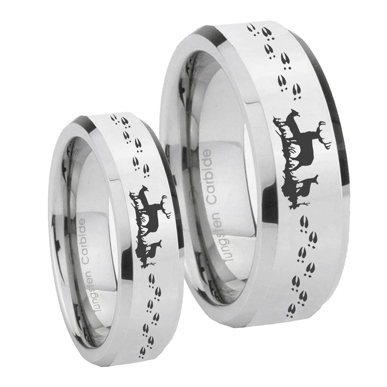 Deer Hunting Beveled Edges Silver Tungsten Wedding Set Rings