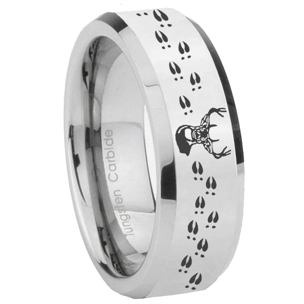 10mm Deer Antler Beveled Edges Silver Tungsten Carbide Mens Ring Engraved