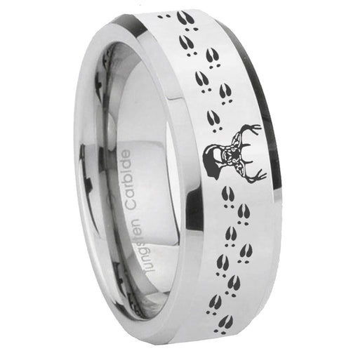 10mm Deer Antler Beveled Edges Silver Tungsten Carbide Mens Ring Engraved
