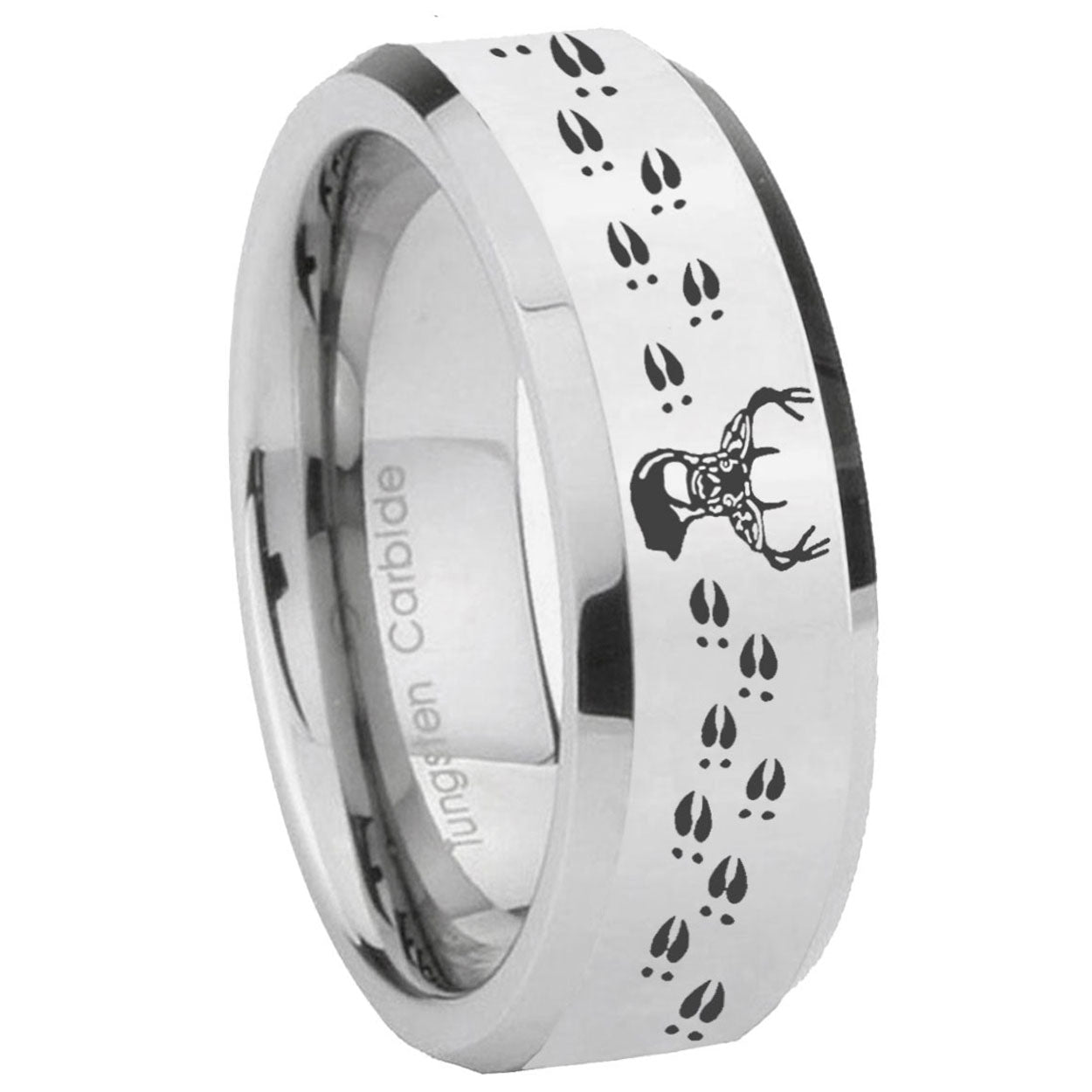 8MM Deer Antler Bevel Polish Silver Tungsten Mens Wedding Band