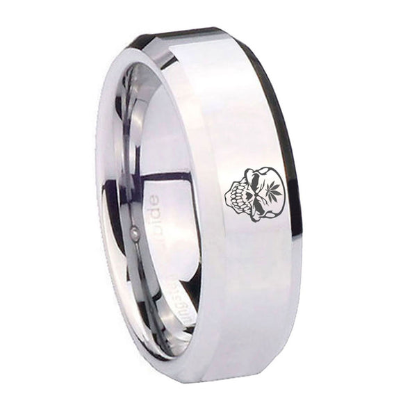 8mm-Skull-Marijuana-Leaf--Beveled-Edges-Silver-Tungsten-Carbide-Engraved-Ring