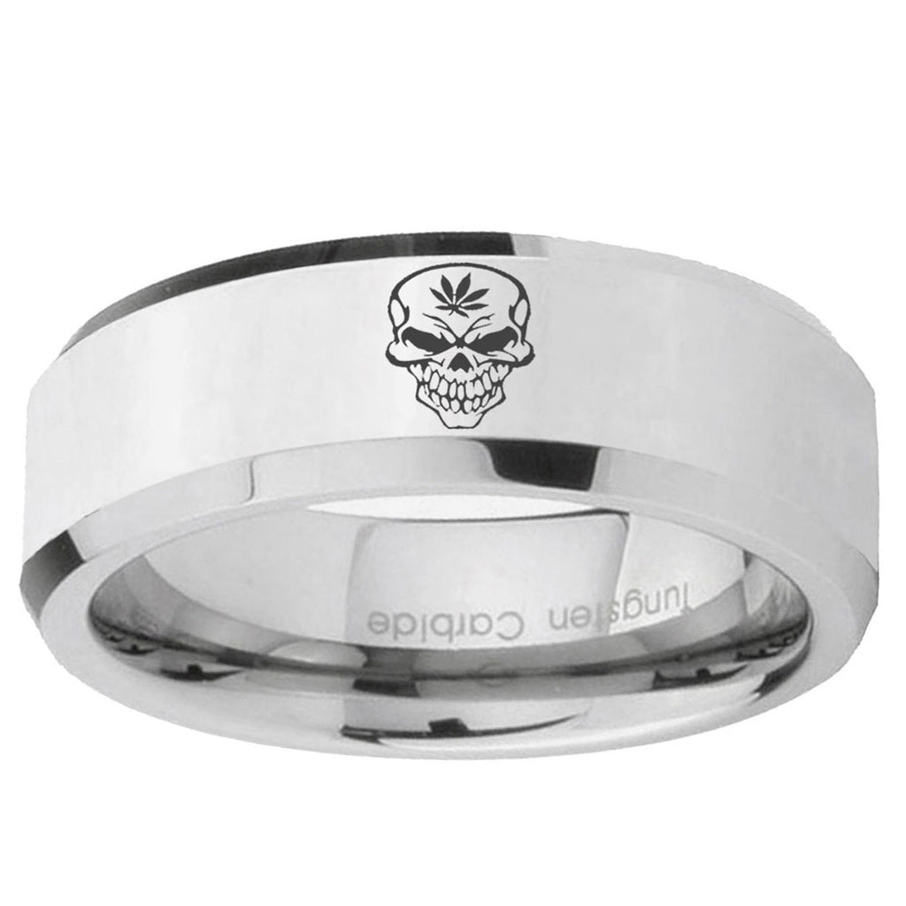 10mm Skull Marijuana Leaf Beveled Edge Silver Tungsten Carbide Promise Ring