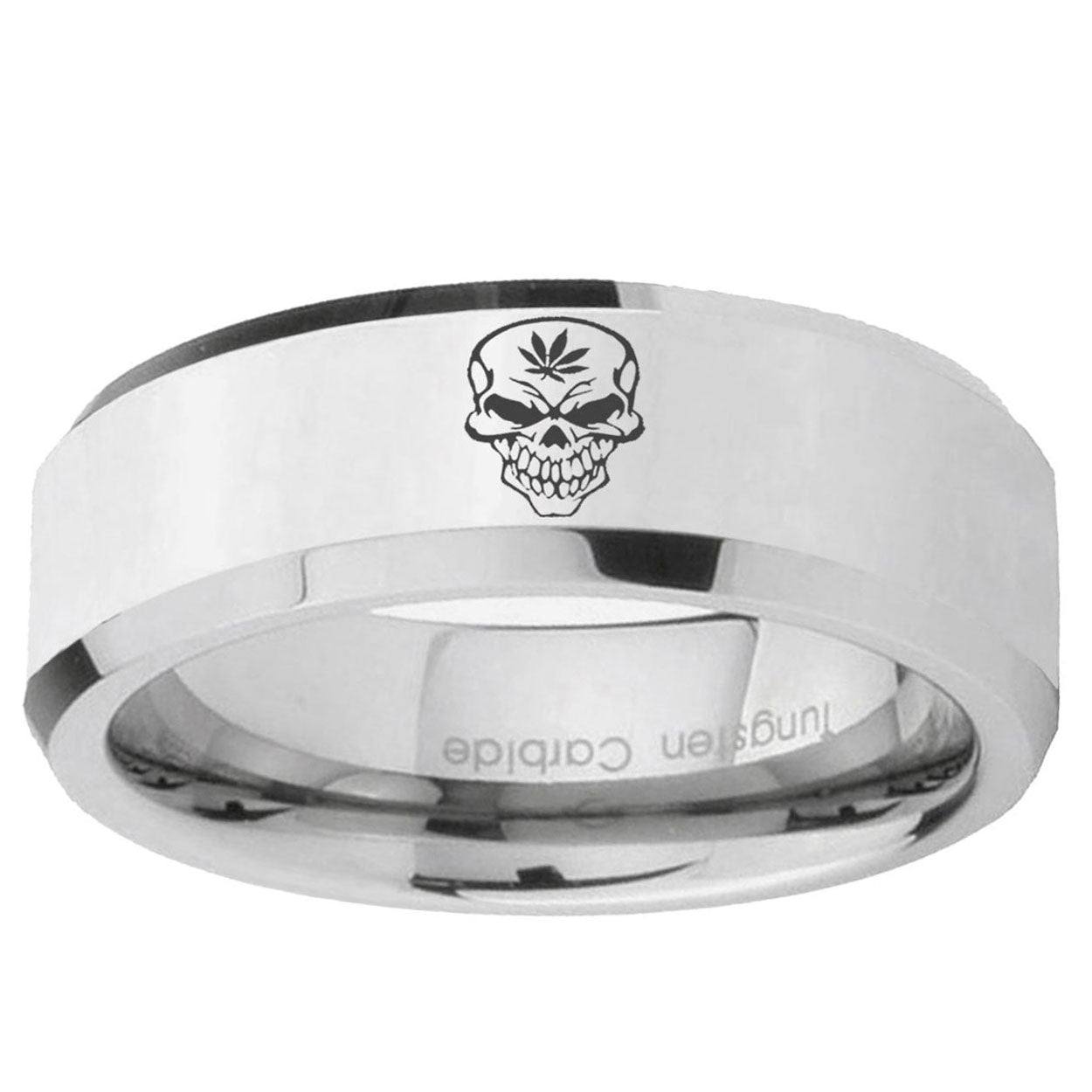 10mm Skull Marijuana Leaf Beveled Edge Silver Tungsten Carbide Promise Ring