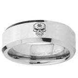 5, 8mm Skull Marijuana Leaf Beveled Edge Silver Tungsten Ring