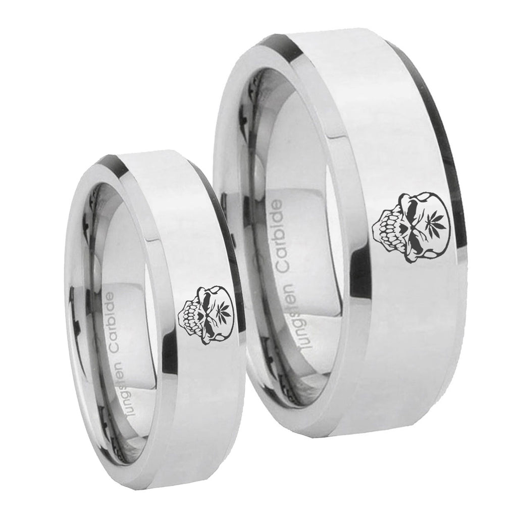 Skull Marijuana Leaf Beveled Edges Silver Tungsten Wedding Set Ring