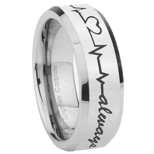 10mm Heart Beat forever Heart always Beveled Silver Tungsten Rings for Men