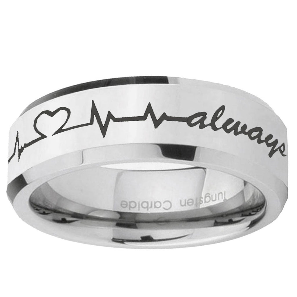 10mm Heart Beat forever Heart always Beveled Silver Tungsten Rings for Men