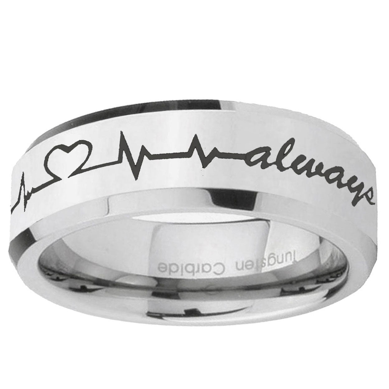 10mm Heart Beat forever Heart always Beveled Silver Tungsten Rings for Men