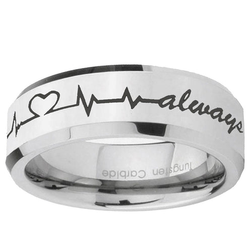 10mm Heart Beat forever Heart always Beveled Silver Tungsten Rings for Men