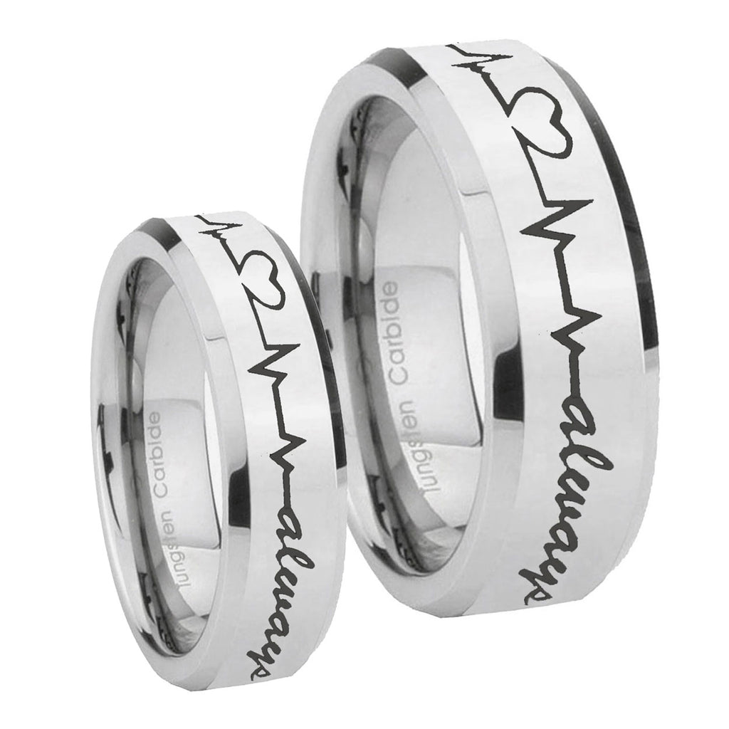 Heart Beat forever Heart always Beveled Silver Tungsten Bridal Set Rings