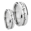 Heart Beat forever Heart always Beveled Silver Tungsten Bridal Set Rings