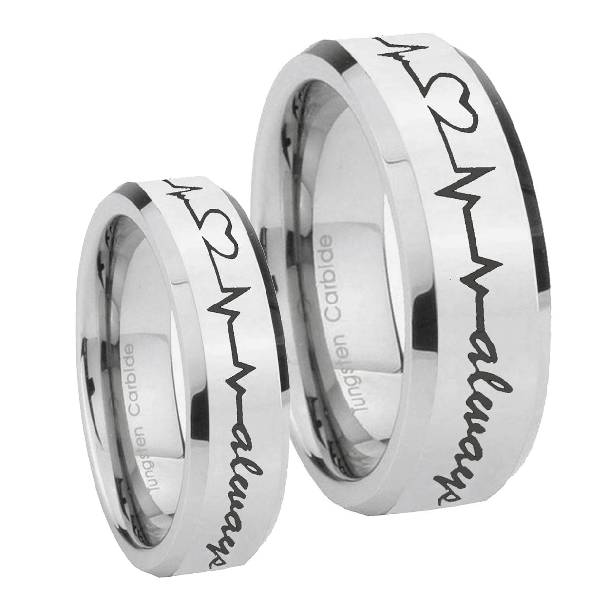 Heart Beat forever Heart always Beveled Silver Tungsten Bridal Set Rings