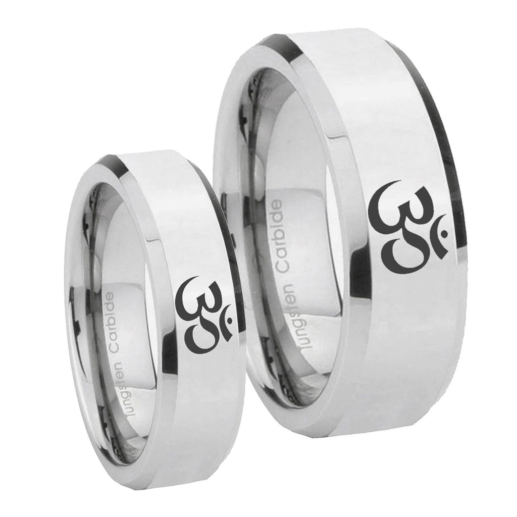 Om Aum Yoga Beveled Edges Silver Tungsten Bridal Ring Sets