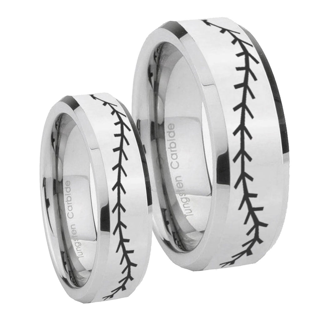 Baseball Stitch Beveled Edges Silver Tungsten Bridal Ring Sets