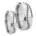 Baseball Stitch Beveled Edges Silver Tungsten Bridal Ring Sets