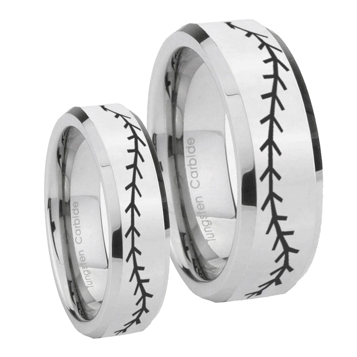 Baseball Stitch Beveled Edges Silver Tungsten Bridal Ring Sets