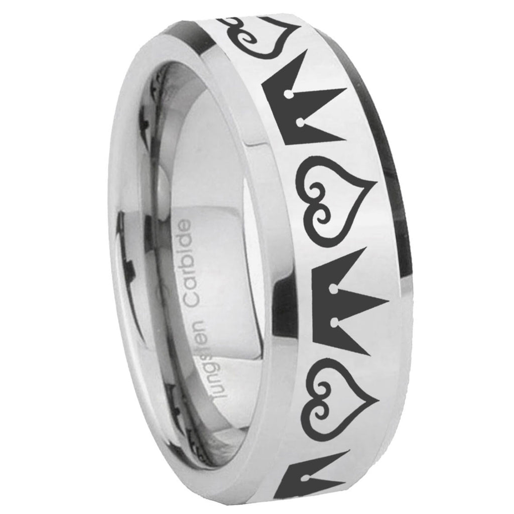 10mm Hearts and Crowns Beveled Edges Silver Tungsten Carbide Wedding Bands Ring