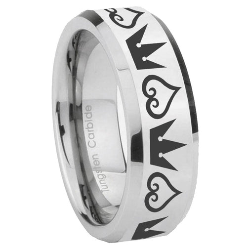 10mm Hearts and Crowns Beveled Edges Silver Tungsten Carbide Wedding Bands Ring