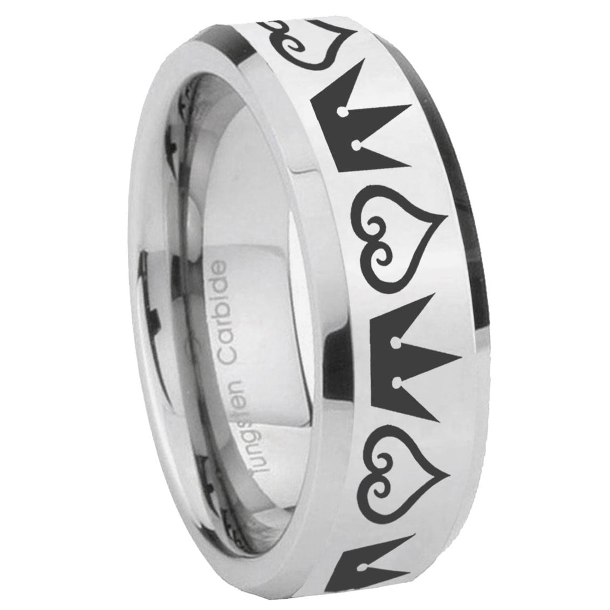 8MM Hearts and Crowns Bevel Polish Silver Tungsten Band For Men