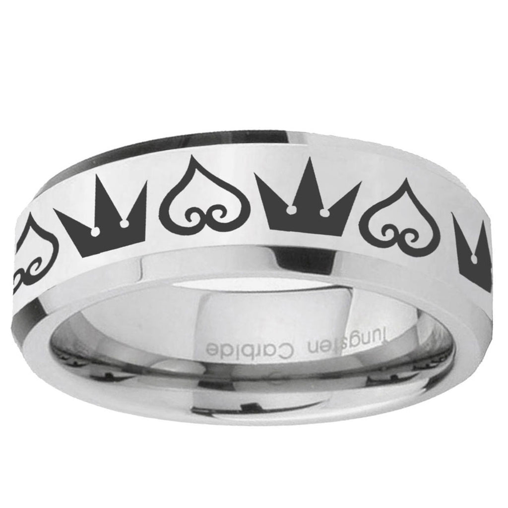 10mm Hearts and Crowns Beveled Edge Silver Tungsten Ring