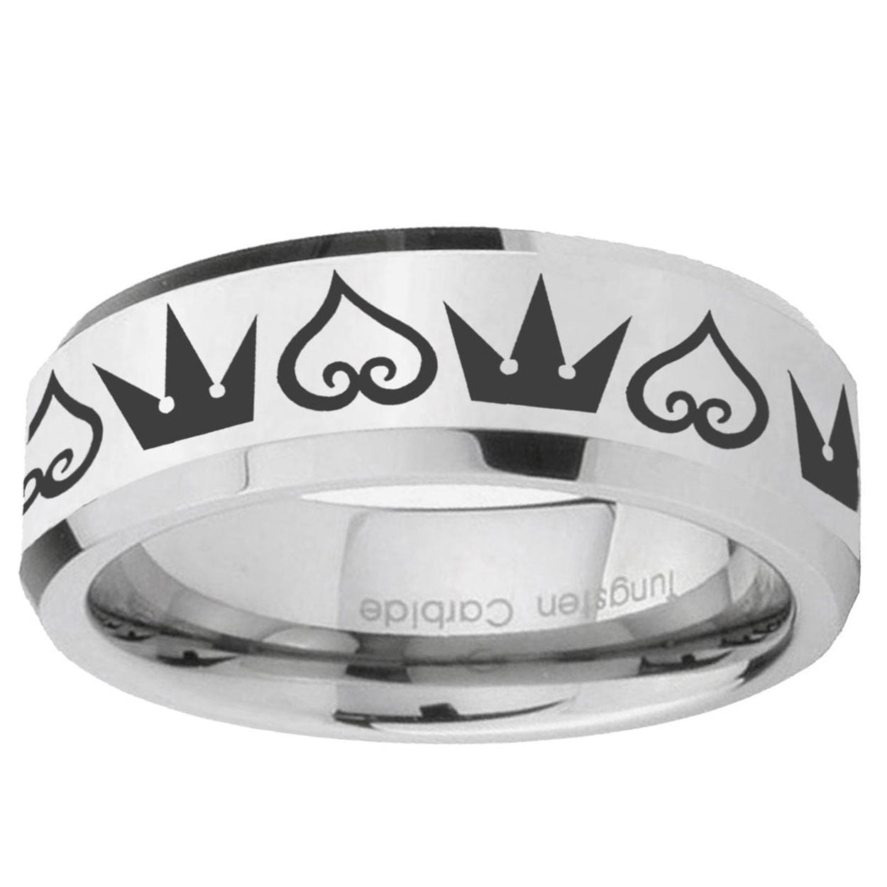 10mm Hearts and Crowns Beveled Edge Silver Tungsten Ring