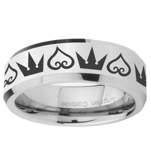 10mm Hearts and Crowns Beveled Edge Silver Tungsten Ring