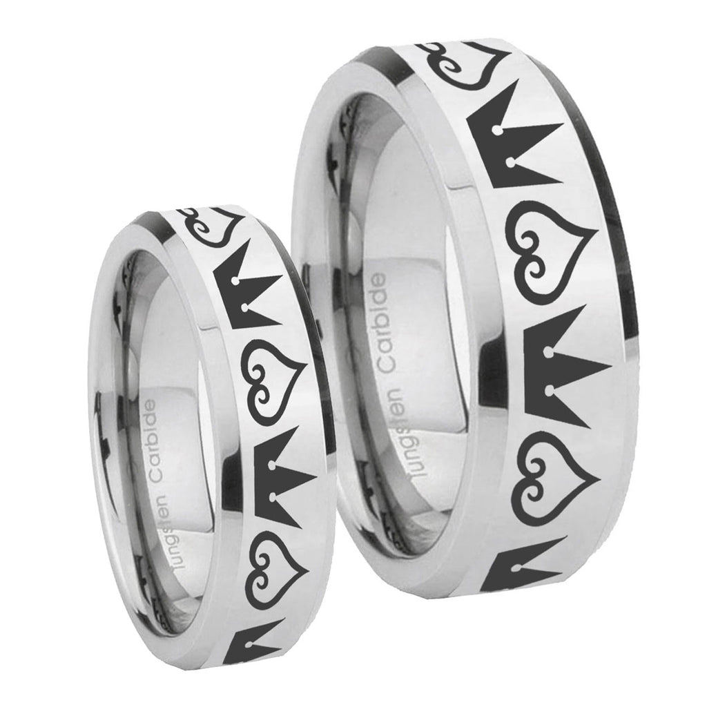 Hearts and Crowns Beveled Edges Silver Tungsten Bridal Ring Set