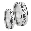 Hearts and Crowns Beveled Edges Silver Tungsten Bridal Ring Set