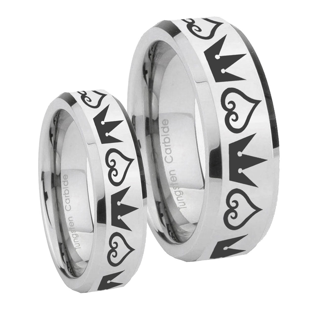 Hearts and Crowns Beveled Edges Silver Tungsten Bridal Ring Set
