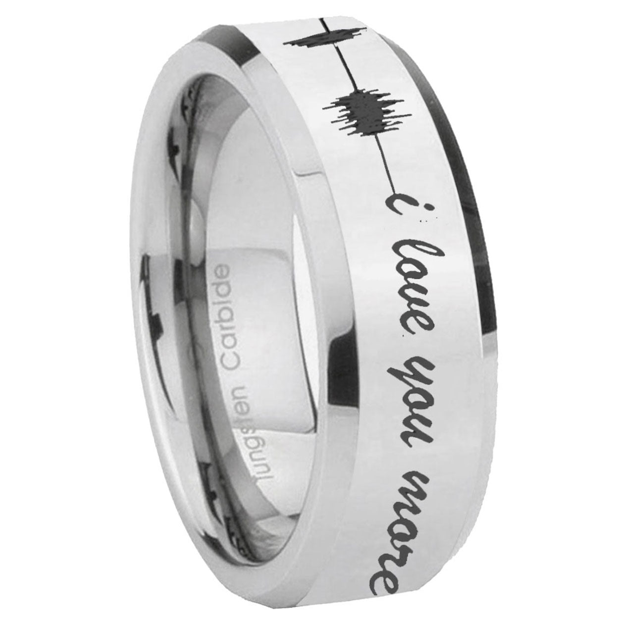 8MM Sound Wave, I love you Bevel Polish Silver Tungsten Ring For Man