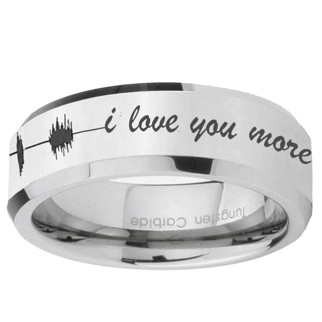 10mm Sound Wave, I love you more Beveled Silver Tungsten Ring