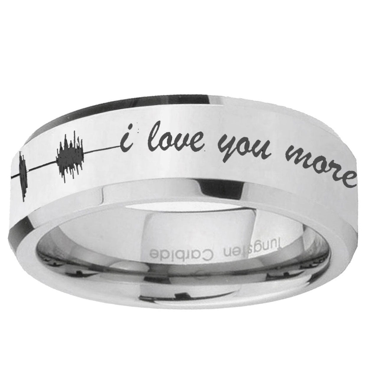 10mm Sound Wave, I love you more Beveled Silver Tungsten Ring