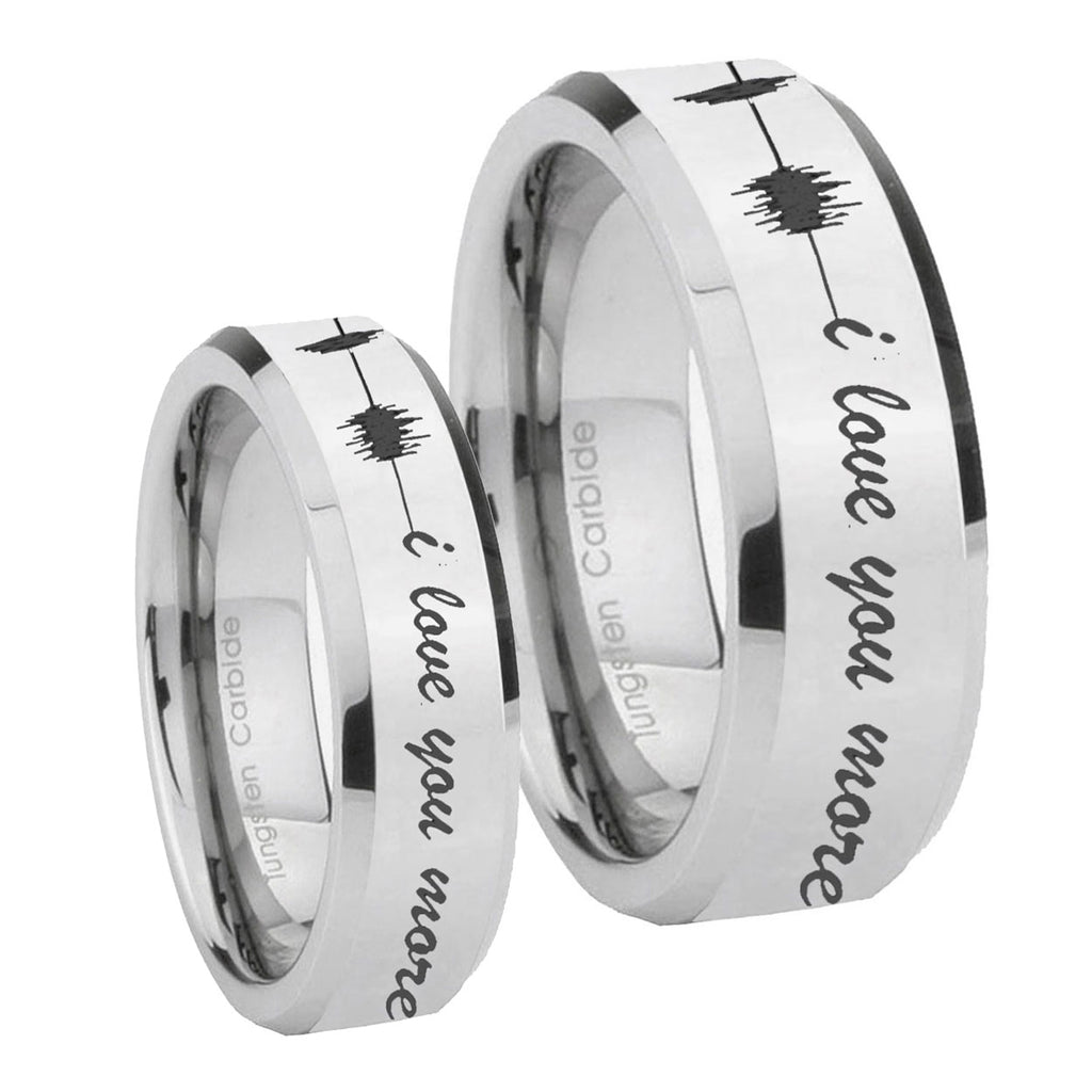 Sound Wave, I love you more Beveled Silver Tungsten Mens Set Rings