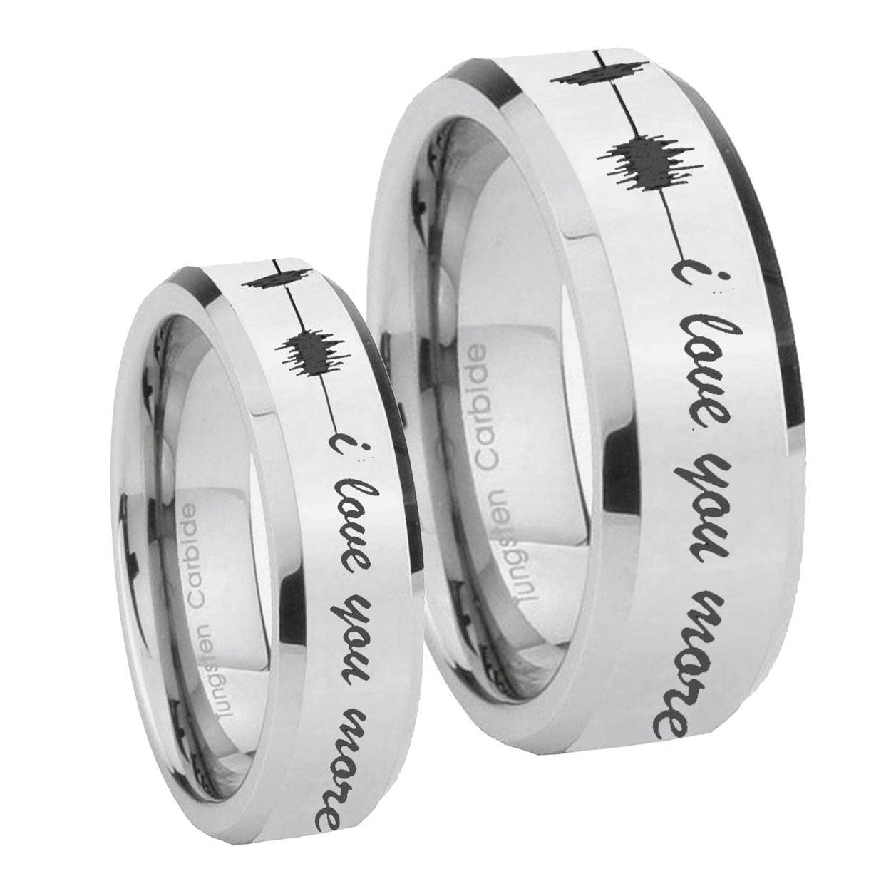 Sound Wave, I love you more Beveled Silver Tungsten Mens Set Rings