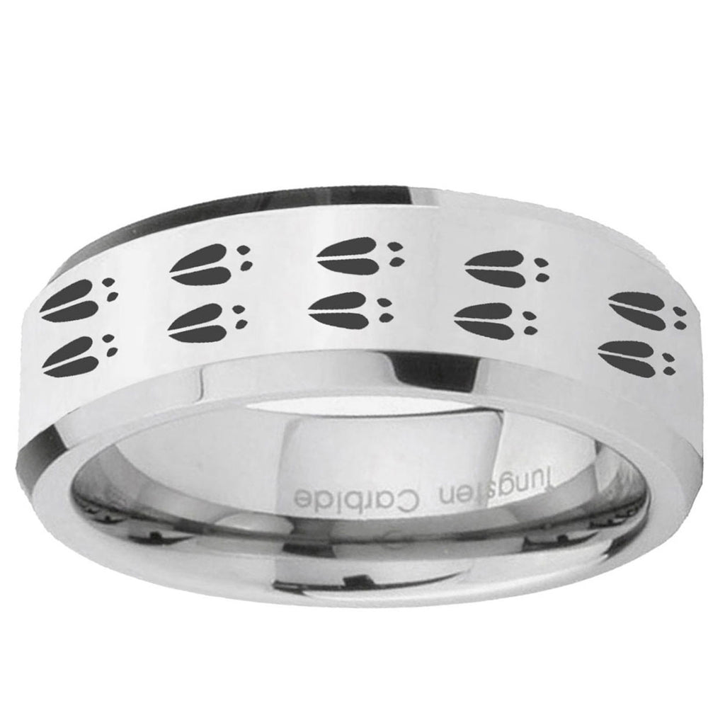 10mm Deer Tracks Beveled Edge Silver Tungsten Ring