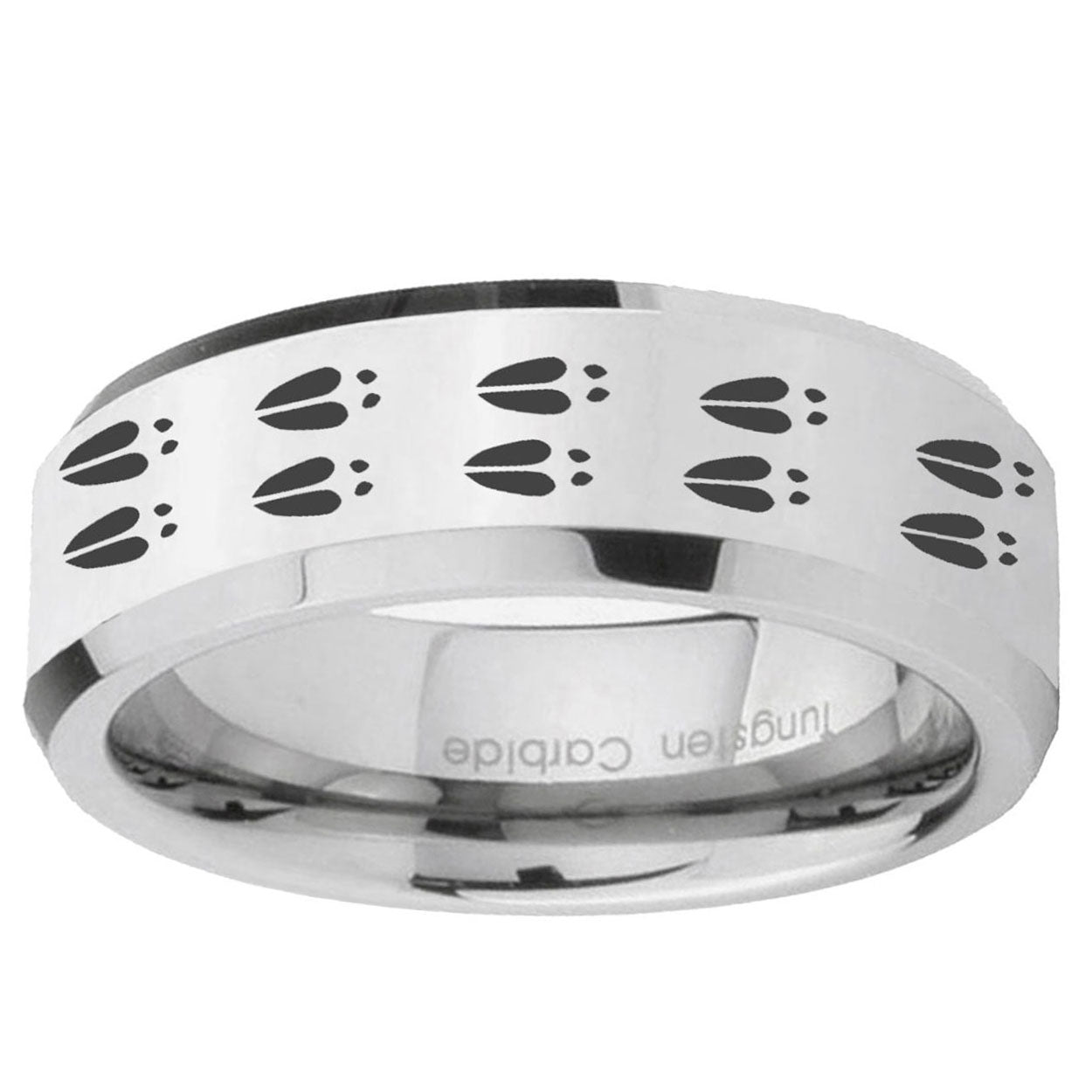 10mm Deer Tracks Beveled Edge Silver Tungsten Ring